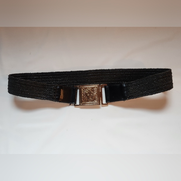 Ladies Black Jute Cotton Stretch LEATHER Belt LION FACE Shiny Buckle Size M/L - Picture 2 of 11